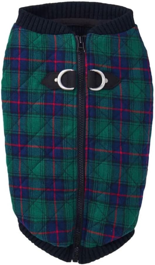 Fashion Vest Check Dog Jacket - Green Check, Large - Warm Zip Up Bomber Vest with Dual D Ring Leash - Winter Water Resistant Small Dog Sweater