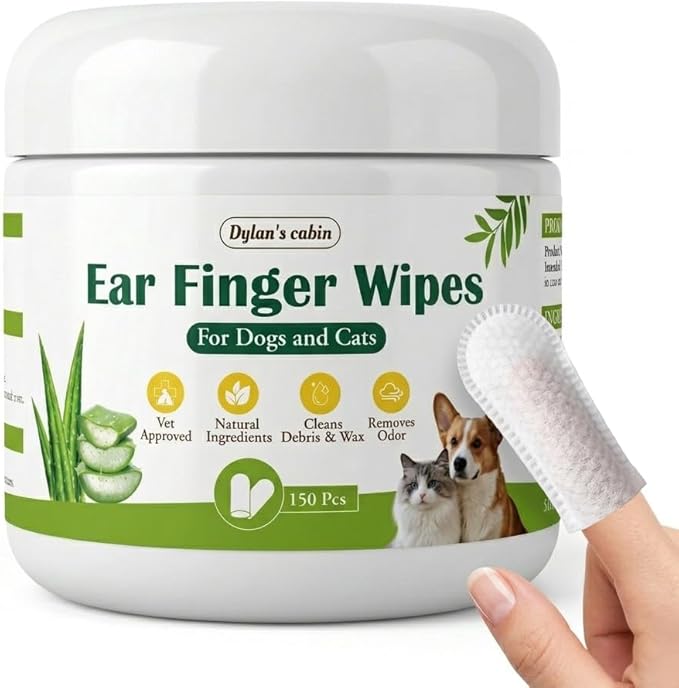 Dylan's cabin Cat Ear Wipes - 150 Count Finger Wipes for Dogs Cats, Pet Ear Cleaning Remove Wax Dirt Debris, Odor Gentle Alcohol Free Daily Ear Care