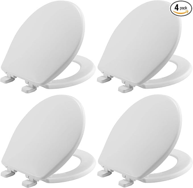 Mayfair Caswell Modern Slow Close Toilet Seat, Durable Plastic Seat, Made in USA, Round, White, 4-Pack