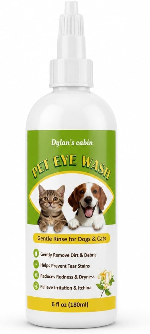 Dylan's cabin Cat Eye Wash, 180ml Gentle Pet Eye Cleaner Solution for Cats Dogs, Cleans Tear Stain Residue Dirt Debris, pH-Balanced Formula with Glycerin Honeysuckle Extract Lutein