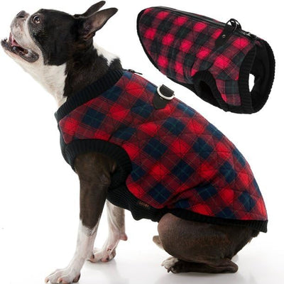 Gooby Fashion Vest Check Dog Jacket - Red Check, Small - Warm Zip Up Bomber Vest with Dual D Ring Leash - Winter Water Resistant Small Dog Sweater