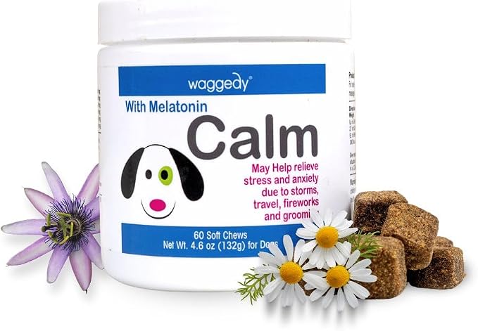 Calm with Melatonin - Calming Chews for Dogs to Manage Stress & Anxiety Relief — Pet Calming Treats for Travel, Fireworks & Separation — Dog Supplements & Vitamins (60 Chews)