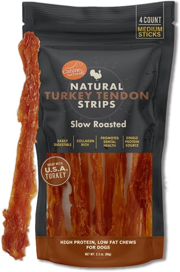 Turkey Tendon Strips for Dogs - Rawhide-Free, Natural Dog Chews - USA-Sourced, Slow-Roasted, Single Protein for Sensitive Stomachs & Chicken Allergies -, 3 oz Bag