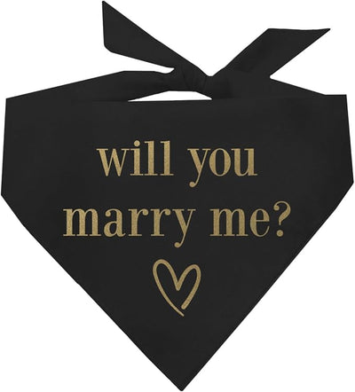 Will You Marry Me? Dog Bandana | 100% Cotton Triangle | Made in USA | Wedding Photo Prop | Bridal Shower | Engagement Announcement | Metallic Gold Ink On Black X-Small (614)