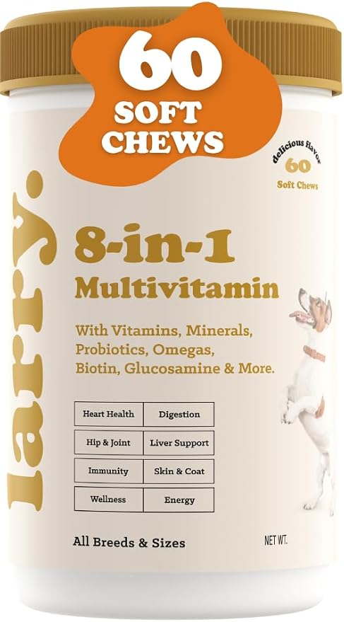 Larry 8-in-1 Multivitamin Dog | Heart, Digestion, Liver, Skin, Coat, & Joint Support for Dogs | Dog Vitamins with Vitamins, Minerals, Omegas, & Glucosamine Chondroitin | 60 Soft Chews
