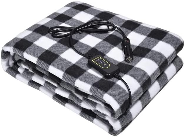 Amazingforless 12V Heated Fleece Car Blanket with Controller for Timer & Heat Levels Electric Car Blanket (Black & White Plaid)