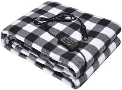 Amazingforless 12V Heated Fleece Car Blanket with Controller for Timer & Heat Levels Electric Car Blanket (Black & White Plaid)