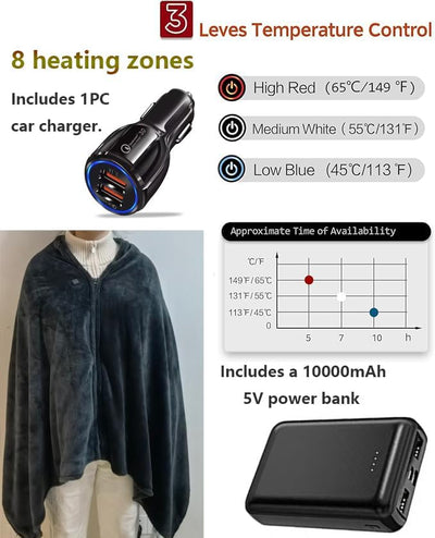 Cordless Heated Shawl,USB Heated Blanket Throw, Wearable & Portable Heating Electric Blanket for Adults, Large Size 71" × 36",3 Levels & 8 Heating Zone Shawl for Indoor & Outdoor, Dark Grey