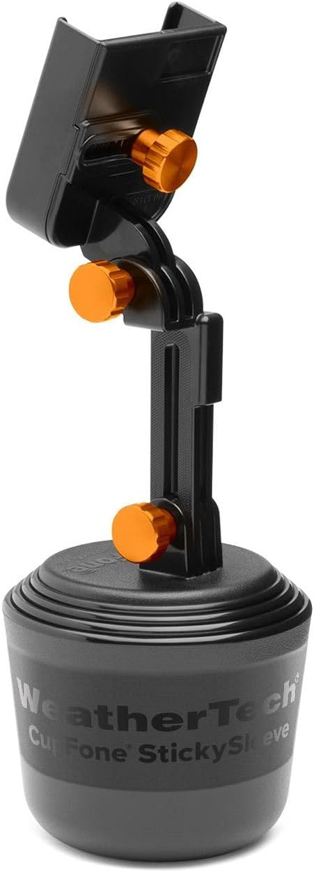 CupFone with Extension – Adjustable, Universal Cup Holder Cell Phone Mount Car & Truck Accessory – Best Design for iPhone & Smartphone Charging – Orange Metal Knobs