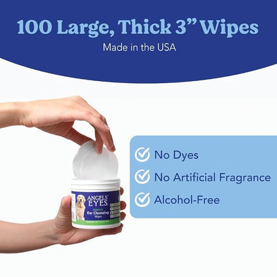 Angels' Eyes Ear Cleansing Wipes for Dogs & Cats | 100 Count Pre-Moistened Pads | Removes Dirt, Wax & Odor | Soothes Itchy Ears with Aloe & Chamomile | Alcohol-Free, No Dyes or Fragrance