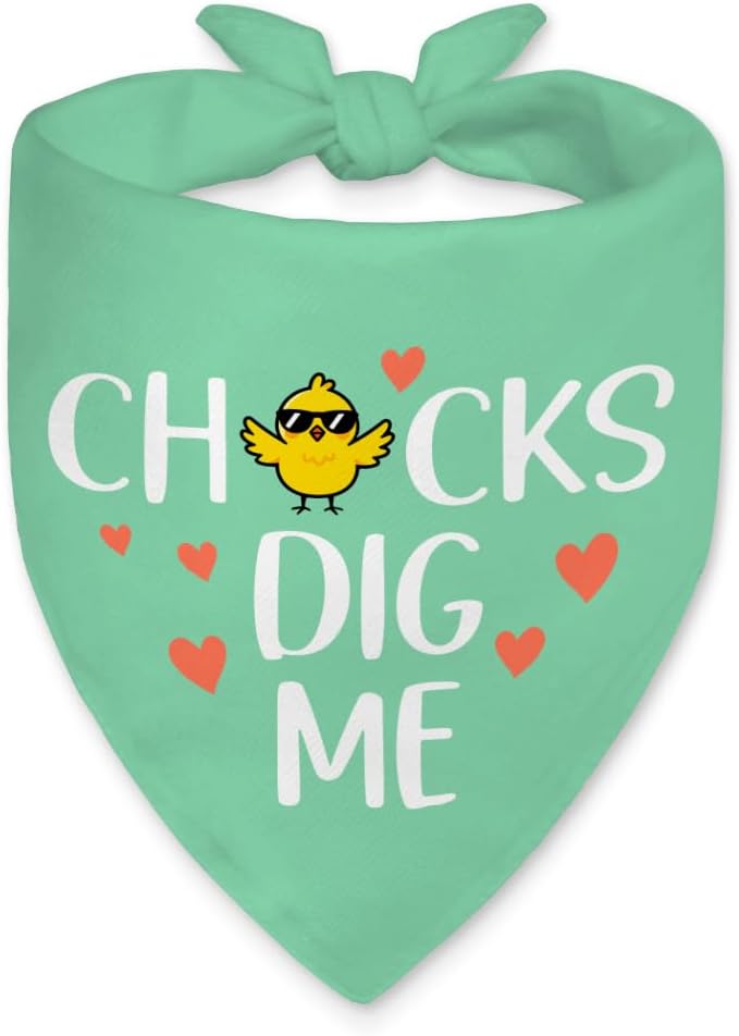 Chicks Dig Me Funny Dog Bandana, Cute Chick Rabbit Pet Scarf for Small Medium Dogs Girl Boy Pets, Green Spring Summer Puppy Accessories, Birthday Gifts for Dog Lovers Mom Dad