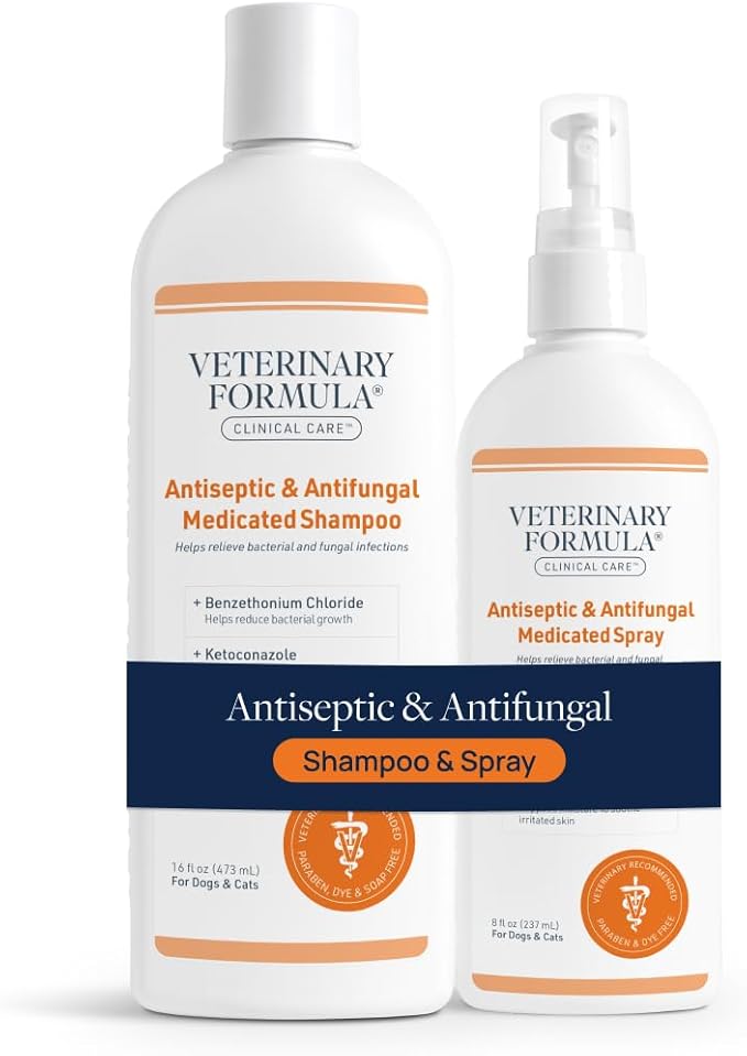 Clinical Care Antiseptic & Antifungal Medicated Shampoo and Spray for Dogs and Cats - Helps Alleviate Scaly, Greasy, or Red Skin - Paraben, Dye, and Soap Free, 2 Pack Bundle