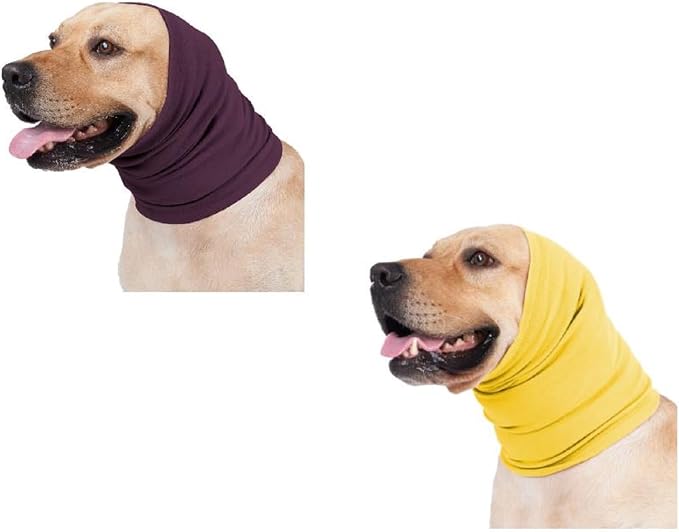 Quiet Ears for Dogs, Reusable Anxiety Relief Dog Snood for Flies, Grooming, Thunderstorms & Fireworks Pail Lilac+Yellow L
