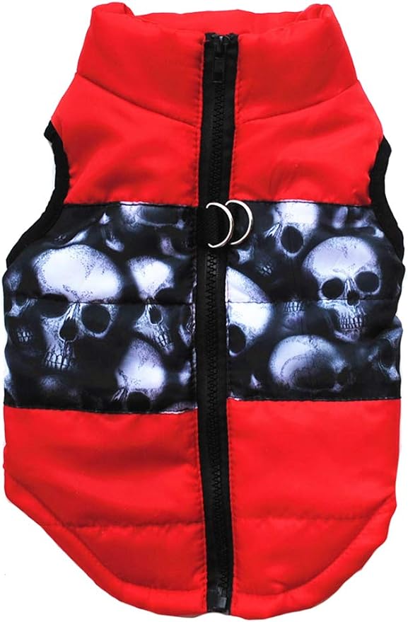 Winter Waterproof Windproof Dog Vest - Warm Coat for Cold Weather - Small/Medium Dogs (XXS) - Red Skulls