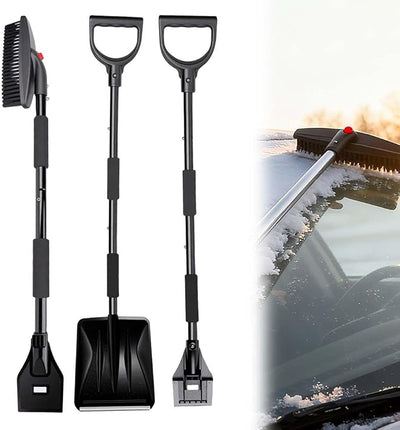3 in 1 Car Snow Brush, Ice Scraper, Telescoping Snow Shovel with Sponge Grip ABS Stainless Steel Winter Tool (Ti-Black)