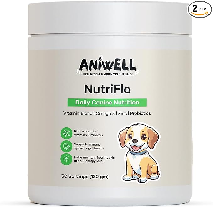 NutriFlo Dog Vitamins & Supplements – 10-in-1 Dog Multivitamin for Gut Health, Hip & Joint, Immune Support, Skin & Coat, Dental Health & Longevity | Daily Dog Supplement for All Breeds (Pack of 2)