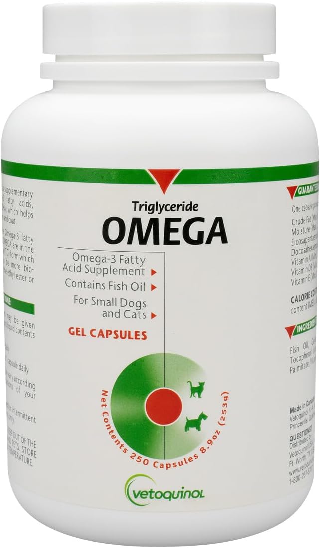 Triglyceride Omega - Fish Oil for Dogs & Cats - Supports Healthy Skin, Coat & Normal Immune Response - Supplement with Vitamin Blend for Heart, Eye, Bone & Muscle Support - 250 Capsules