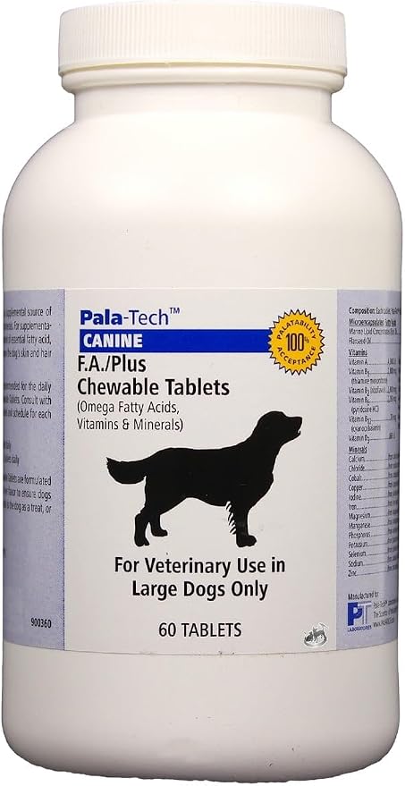 Pala-Tech FA Plus Chew Tabs for Large Dogs - Supports Skin, Coat & Allergy Relief - Dog Vitamins and Supplements with Omega-3 & 6 Fatty Acids - 60 Ct, Roast Beef Flavor