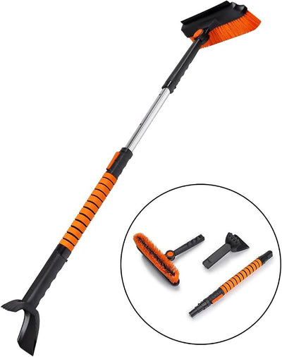Set Orange Black Silver Snow Brush Ice Scraper with Extendable Handle w/Foam Grip, 41" Length, 180° Pivoting Head, Storage Bag, for Car Windshield Auto Truck SUV Home Use Winter Christmas