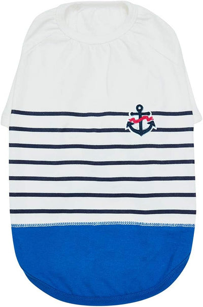 Blueberry Pet Soft & Comfy Summer Vacation Beach Cotton Dog T-Shirt in Blue Stripes, Sea Lover Shirt Tank Top Clothes, Back Length 14", for Small Medium Dogs
