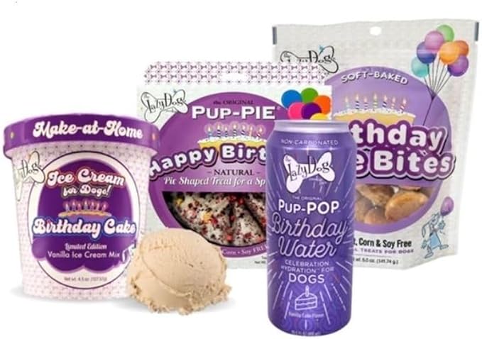 Ultimate Birthday Celebration Kit for Dogs. Includes Special Day Pie, Bag of Birthday Cake Bites, Make at Home Ice Cream and Can of the Newly Released Pup-Pop