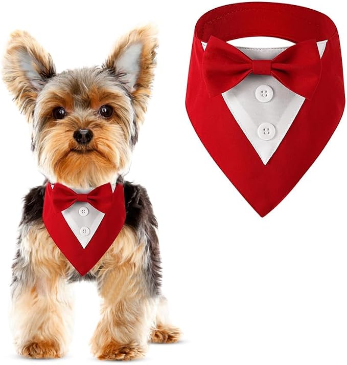 Dog Wedding Bandana, Formal Dog Tuxedo Adjustable Pet Collar with Bow, Small, Medium and Large Wedding Clothing, Birthday Gifts for Dogs (Small, Red)