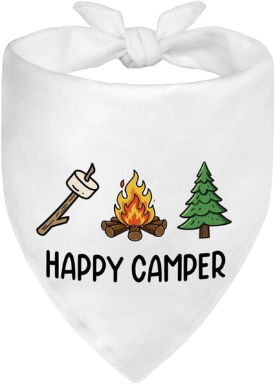 Happy Camper White Dog Bandana, Funny Pet Scarf Accessory Photo Prop for Nature Outdoor Adventure Hiking Camping Mountain, Christmas Birthday Gifts for Puppy Mom Dad Lover Camper