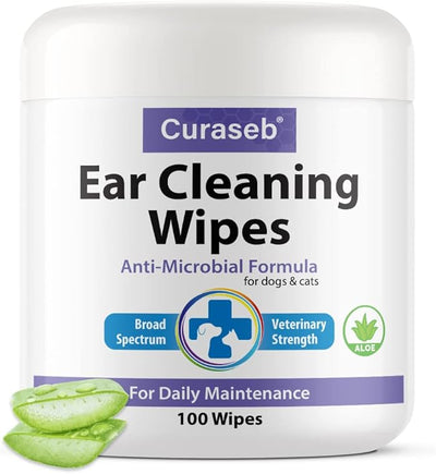 Curaseb Cat and Dog Ear Wipes – Cleans, Deodorizes and Soothes Ear Issues with Soothing Aloe Vera – Vet Strength – 100 Wipes