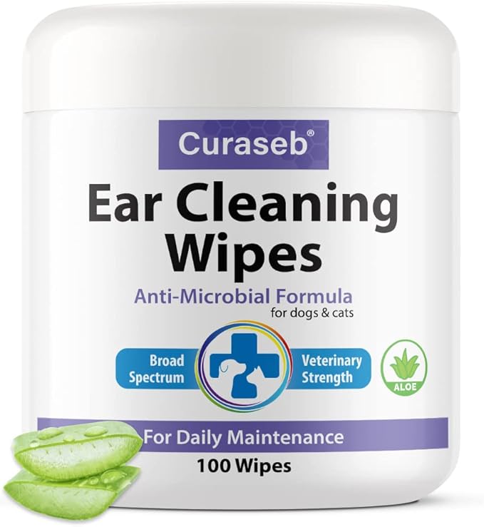 Cat and Dog Ear Wipes – Cleans, Deodorizes and Soothes Ear Issues with Soothing Aloe Vera – Vet Strength – 100 Wipes