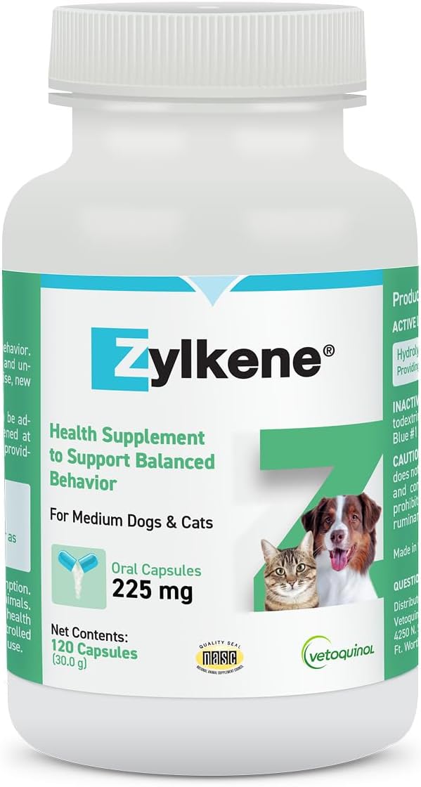 Vetoquinol Zylkene - Calming Oral Support for Medium Dogs & Large Cats - Supports Behavior & Occasional Anxiety - for Boarding, Vet Visits & Celebrations - Non-Drowsy & Lactose-Free - 120 Capsules