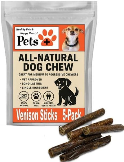 Pets Plus Venison Sausage Dog Treats 5-Pack – All-Natural Venison Dog Chews, High Protein Grain Free Treats for Dogs, Long Lasting Snack Sticks for Medium to Aggressive Chewers