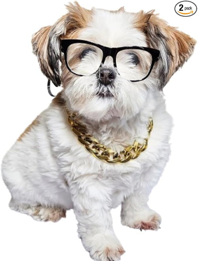 C16 Dog Pet Cat Costume Set Retro Glasses Sunglasses + Chain Adjustable for Small-Medium Dogs Approximately 12-30 lbs Party Prop Cosplay Photoshoot (80s Black-Clear Lens + Gold Chain)
