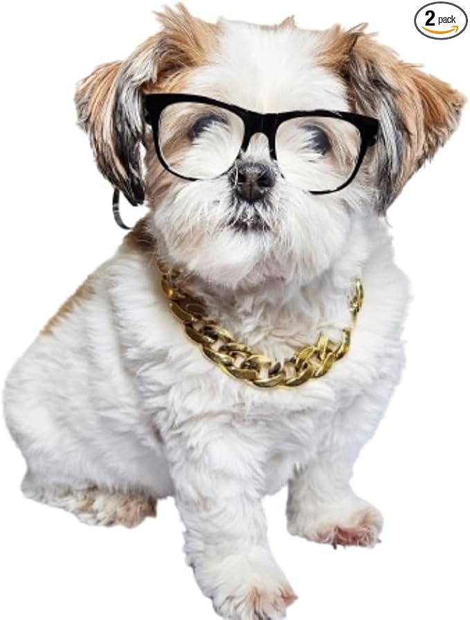 C16 Dog Pet Cat Costume Set Retro Glasses Sunglasses + Chain Adjustable for Small-Medium Dogs Approximately 12-30 lbs Party Prop Cosplay Photoshoot (80s Black-Clear Lens + Gold Chain)