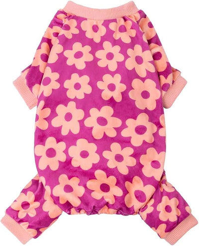 Fitwarm Flower Fleece Dog Pajamas, Warm Winter Dog Clothes for Small Dogs Girl, Cozy Pet Onesie with Feet, Pink, XS