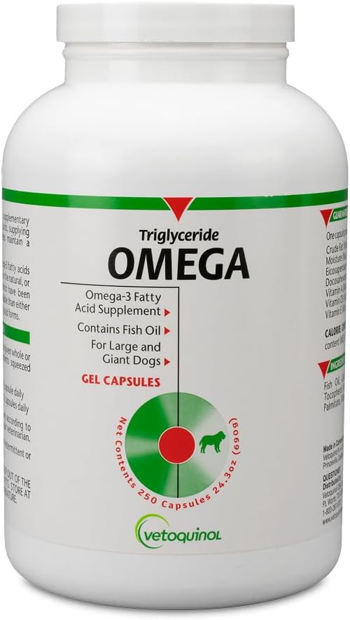 Vetoquinol Triglyceride Omega - Fish Oil for Dogs & Cats - Supports Healthy Skin, Coat & Normal Immune Response - Supplement with Vitamin Blend for Heart, Eye, Bone & Muscle Support - 250 Capsules