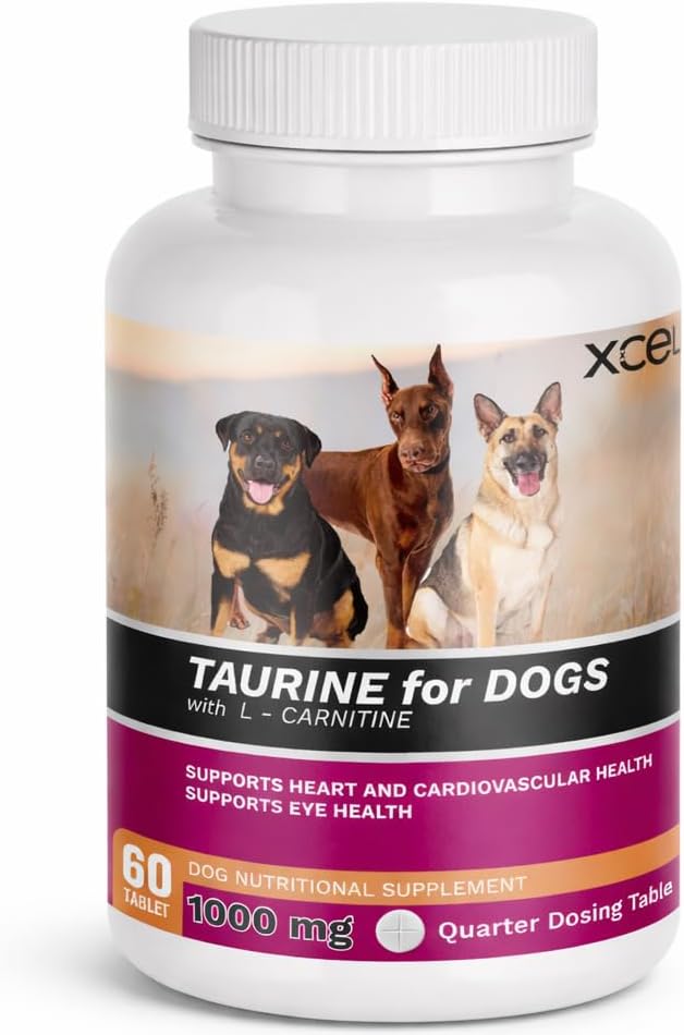 Taurine for Dogs 1000 mg Supplement with L-Carnitine, Quarter Scored Tablets (250 mg Split), Up to 240 Servings, Supports Heart, Eye & Energy Health