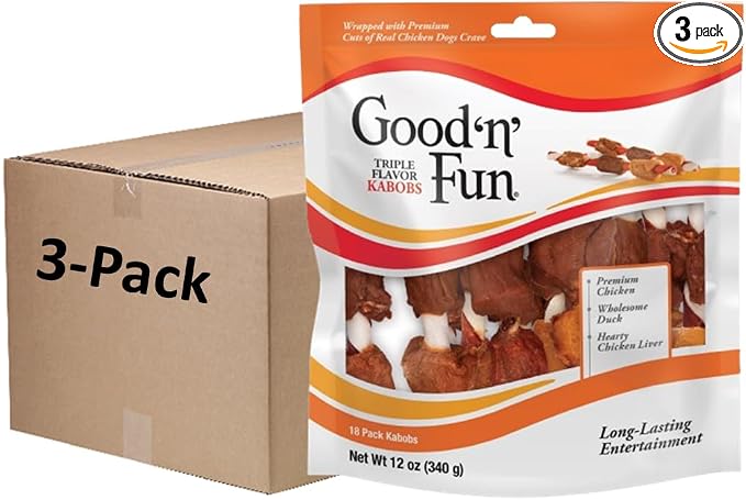 Good n’ Fun Triple Flavor Kabobs 18 Count, Rawhide Snack for All Dogs (3 Pack)