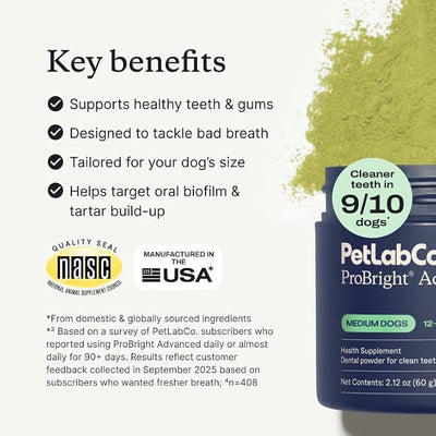 PetLab Co. ProBright Advanced Dental Powder - Dog Breath Freshener - Teeth Cleaning Made Easy – Targets Tartar & Bad Breath - Packaging May Vary - Formulated for Medium Size Dogs