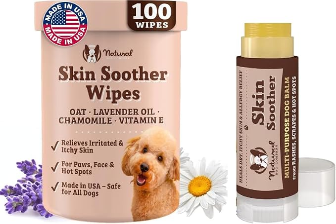 Skin Soother Bundle, (1) Dog Skin Wipes, 50 Count, (1) Travel Stick, 0.15 oz., Allergy and Itch Relief for Dogs, Dog Moisturizer for Dry Skin, Dog Lotion