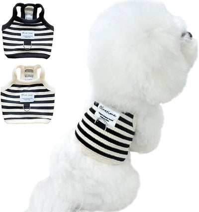 2 Pack Cotton Dog Clothes for Small Dog Girl Boy Striped Sleeveless Pet Tank Top Vest Breathable Puppy Shirt with Leash Ring Cute Cat Outfit for Tea Cup Poodle (Black Apricot, Small)