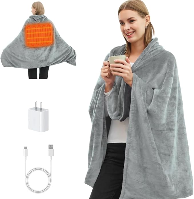 Portable USB Heated Blanket, Cordless Heated Throw Blanket 3 Heating Levels for Outdoor, Stadium, Car, Travel, Camping, Sports, 58"x 38"(Battery Not Included) Grey
