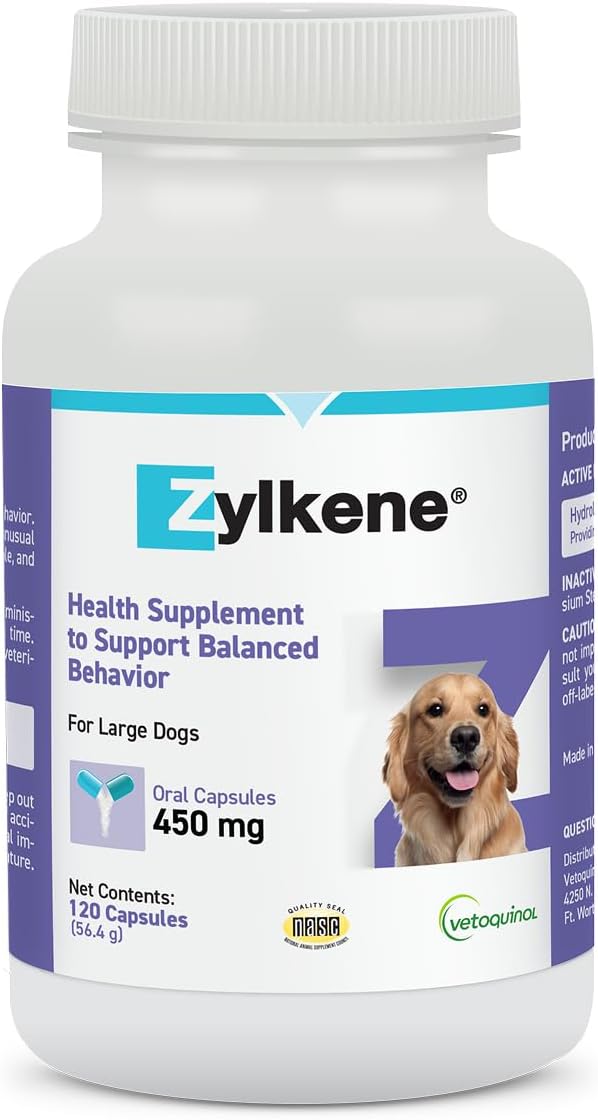Vetoquinol Zylkene - Calming Support for Large Dogs 33–132 lb - Supports Behavior & Occasional Anxiety - Perfect for Boarding, Vet Visits & Celebrations - Non-Drowsy & Lactose-Free - 120 Capsules