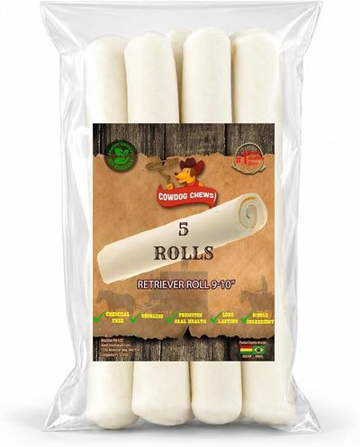Cowdog Chews Retriever Roll 9-10 inch All Natural Rawhide Dog Treat (5 Pack)