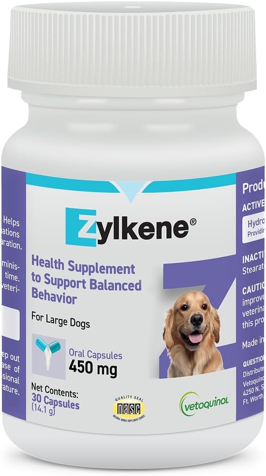 Zylkene Calming Support Supplement for Large Dogs 33-132lbs, Promotes Relaxation, Reduces Stress, and Supports Occasional Anxiety Relief for Dogs, 450mg - 30 Capsules