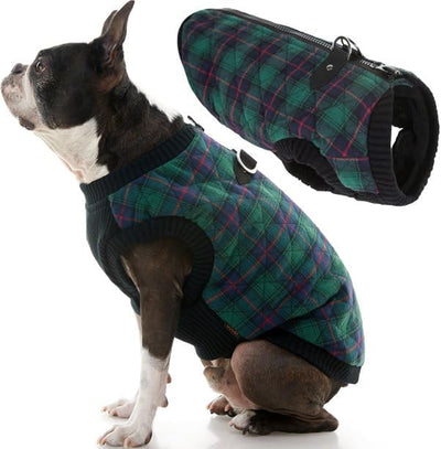 Gooby Fashion Vest Check Dog Jacket - Green Check, X-Large - Warm Zip Up Bomber Vest Dual D Ring Leash - Winter Water Resistant Small Dog Sweater