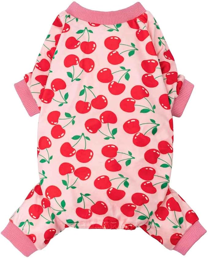 Fitwarm Cute Cherry Dog Pajamas, Warm Dog Onesie with Feet, Dog Clothes for Small Dogs Girl, Fleece Pet Outfit, Pink, Red, XL