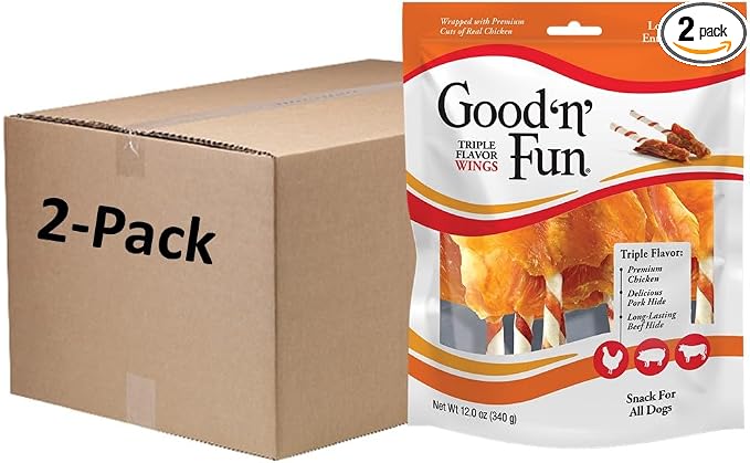 Good ‘n’ Fun Triple Flavor Wings Chews for All Dogs, 12 Ounces, Treat Your Dog to Long-Lasting Chews Made with Chicken, Pork Hide and Beef Hide, Pack of 2