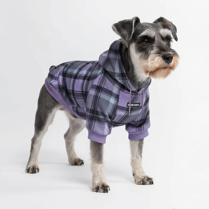 Spark Paws Dog Hoodie – Premium Dog Sweater for Small, Medium, and Large Dogs | Warm Outfits for French Bulldogs, Pitbull, Puppy, Winter Jacket Alternative - Purple Plaid - M