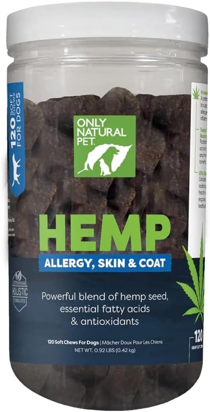 Allergy, Skin & Coat Hemp Soft Chews - Allergy Immune Bites for Dogs, Omega 3 Supplement, Calming Treats for Itchy Skin Relief, Hot Spot - (120 Count) (Al.)