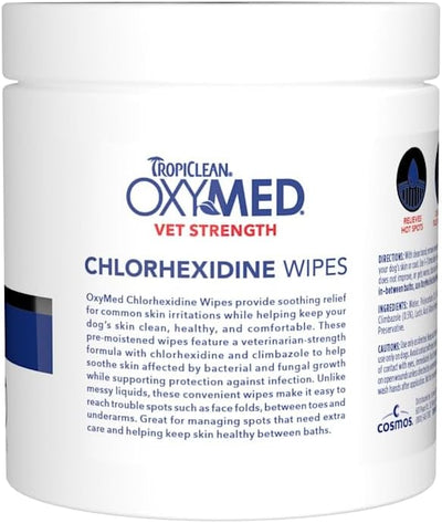 TropiClean OxyMed Chlorhexidine Dog Wipes, Gentle & Effective Dog Skin Irritation Treatment, Cleaning & Deodorizing Chlorhexidine Wipes, Cat Friendly, 100 Count